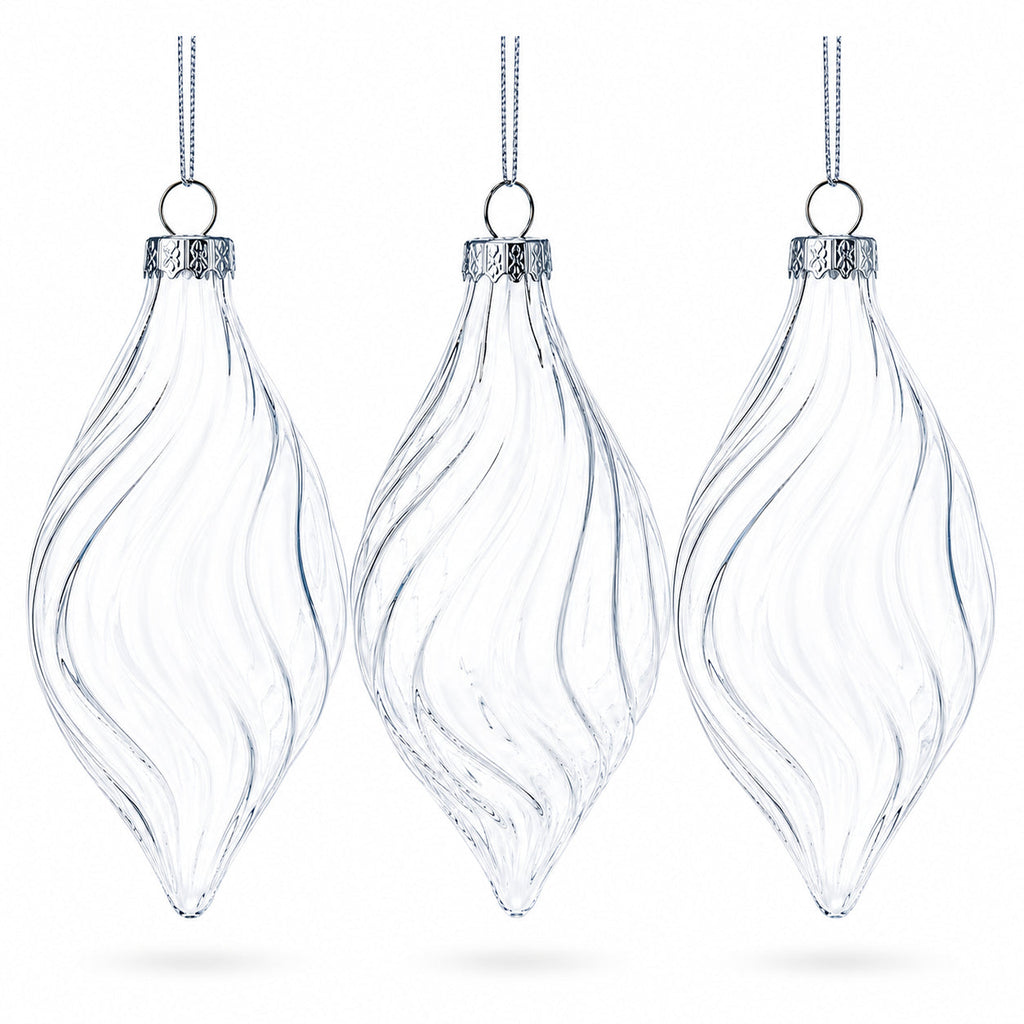 Set of 3 Clear Glass Swirl Christmas Ornaments 5.8 Inches