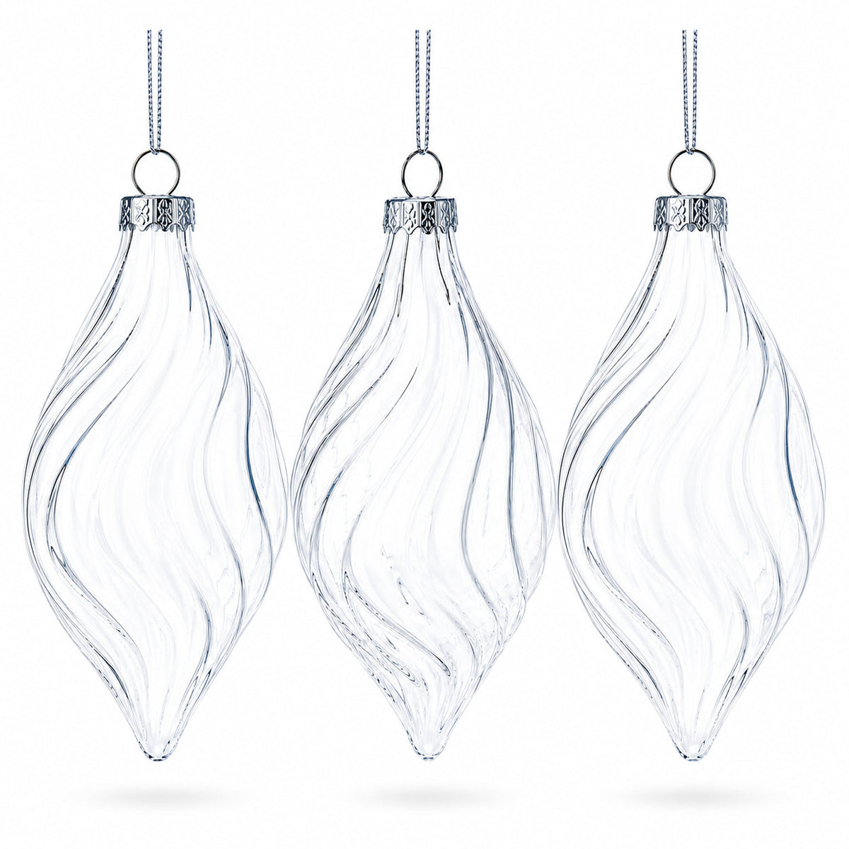 Set of 3 Clear Glass Swirl Christmas Ornaments 5.8 Inches