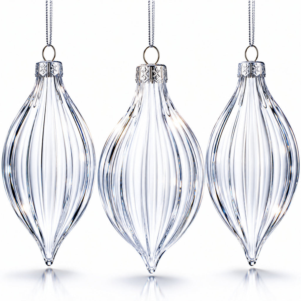 Set of 3 Striped Rhombus Finial Clear Glass Ornament 5.8 Inches