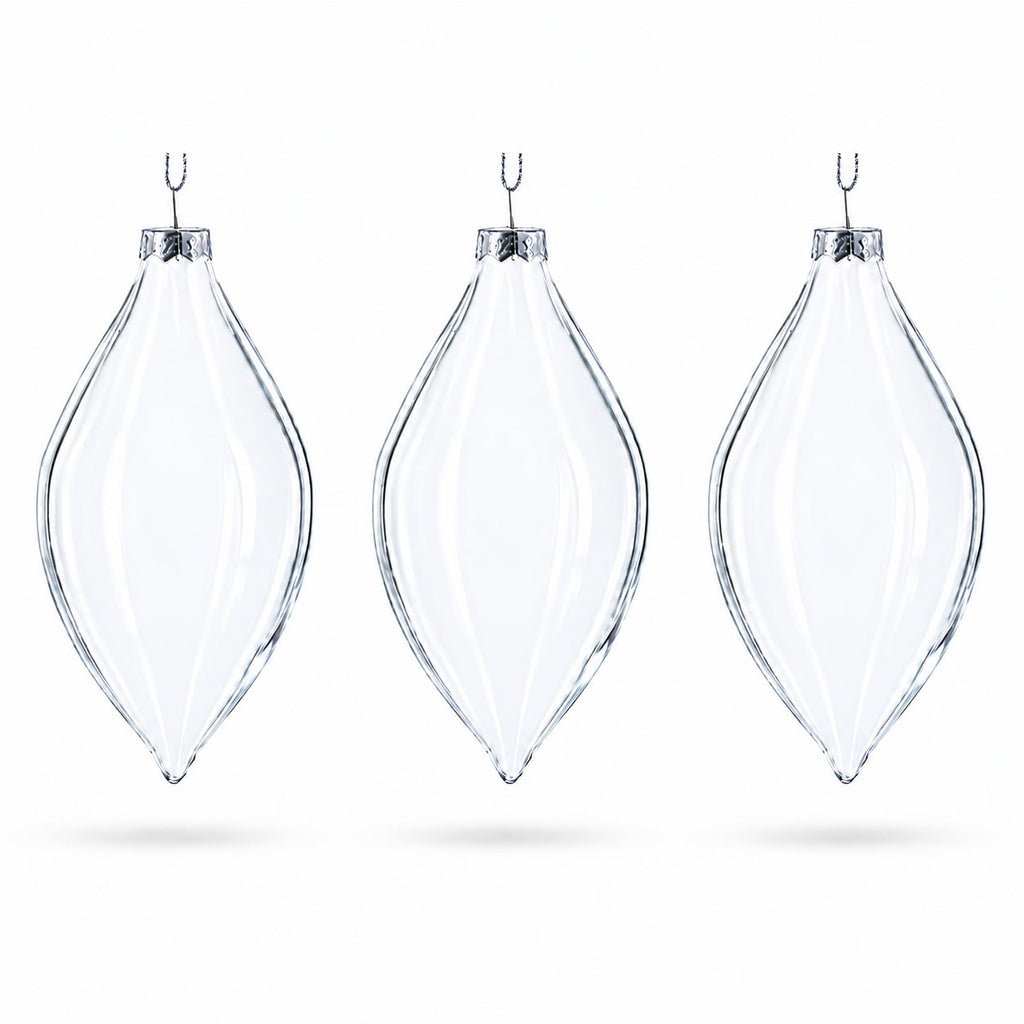 Set of 3 Oval Icicle Clear Glass Christmas Ornament 5.4 Inches