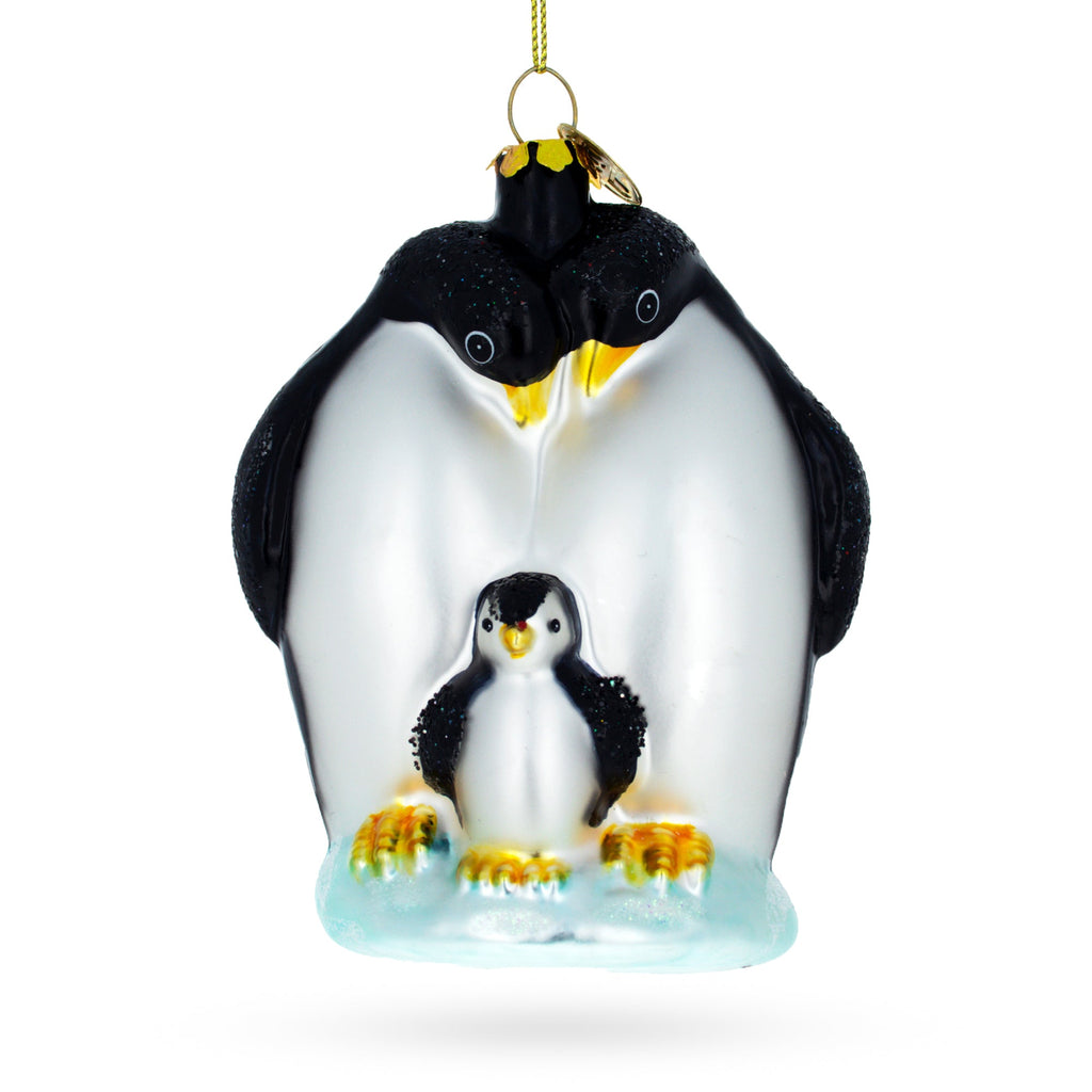 Penguins with Baby Chick Glass Christmas Ornament