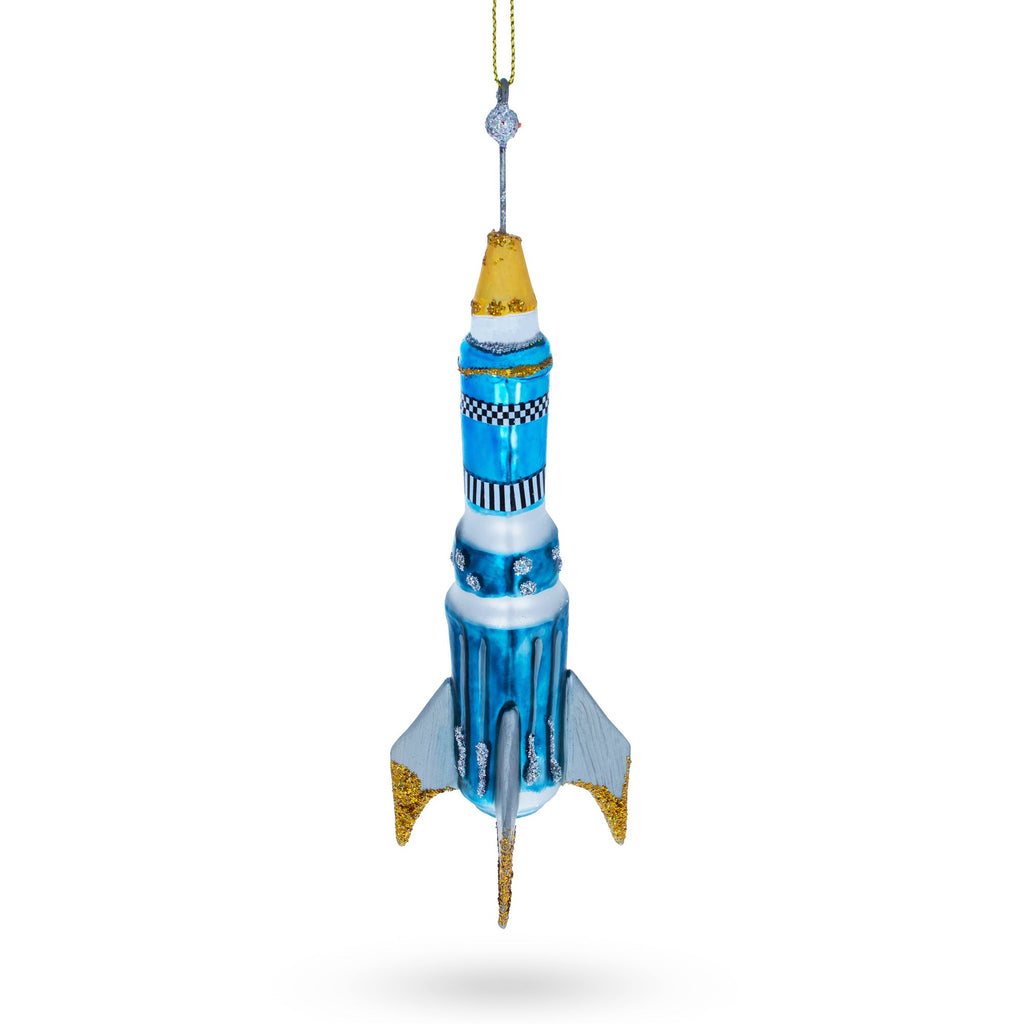 Blue Rocket Space Shuttle Glass Christmas Ornament