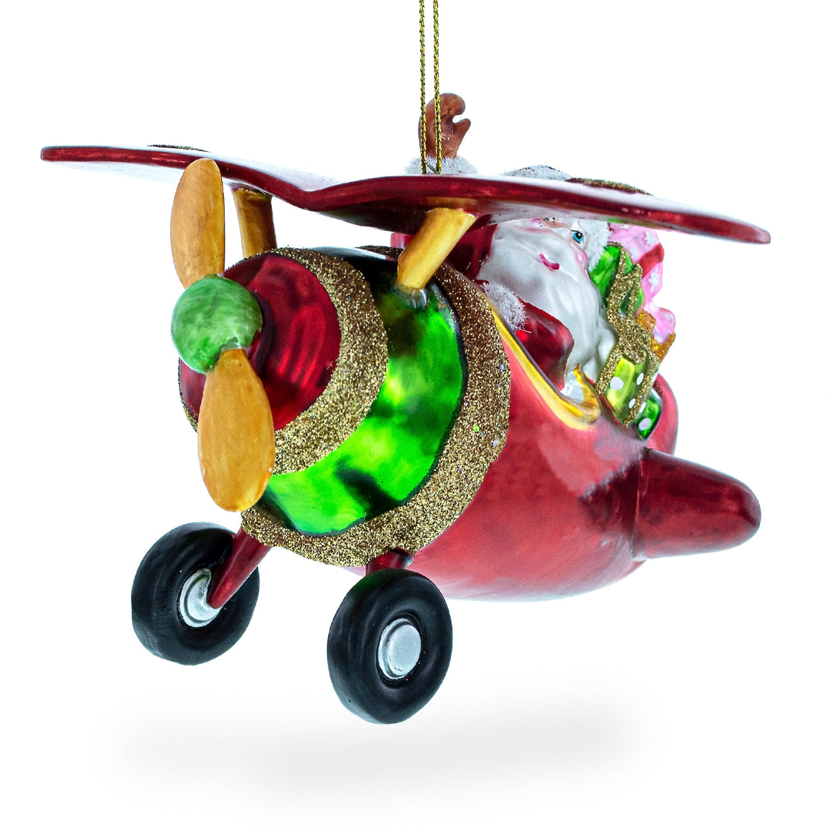 Santa Flying Airplane with Gifts Glass Christmas Ornament