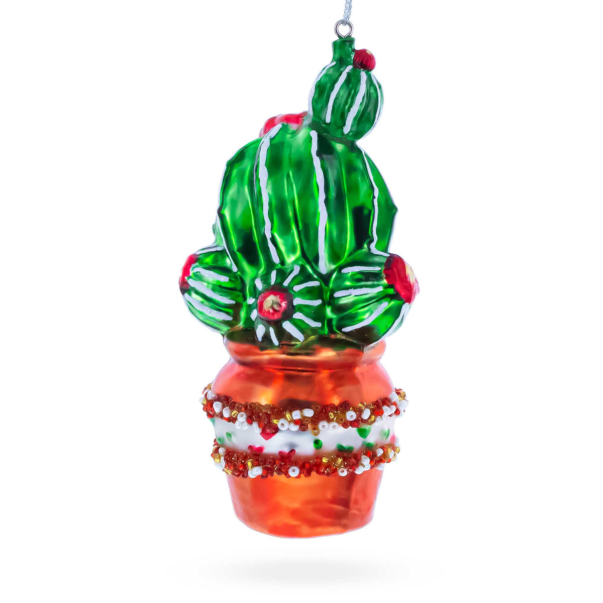 Decorated Cactus in a Pot Glass Christmas Ornament