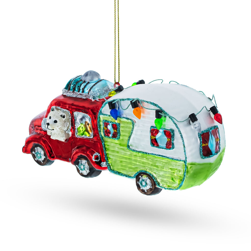 Bear Behind the Wheel of a Camper Glass Christmas Ornament