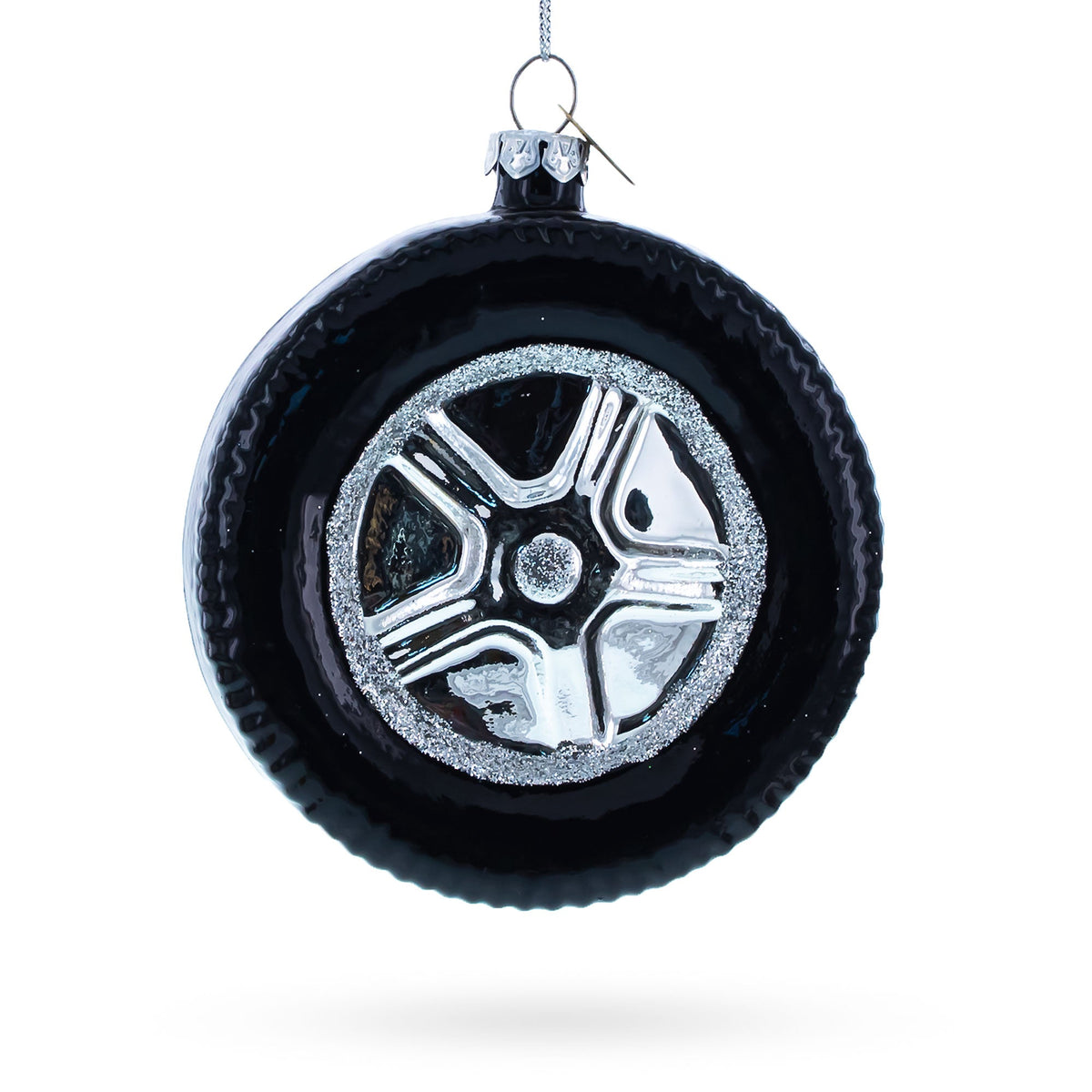Sleek Black Car Wheel Glass Christmas Ornament
