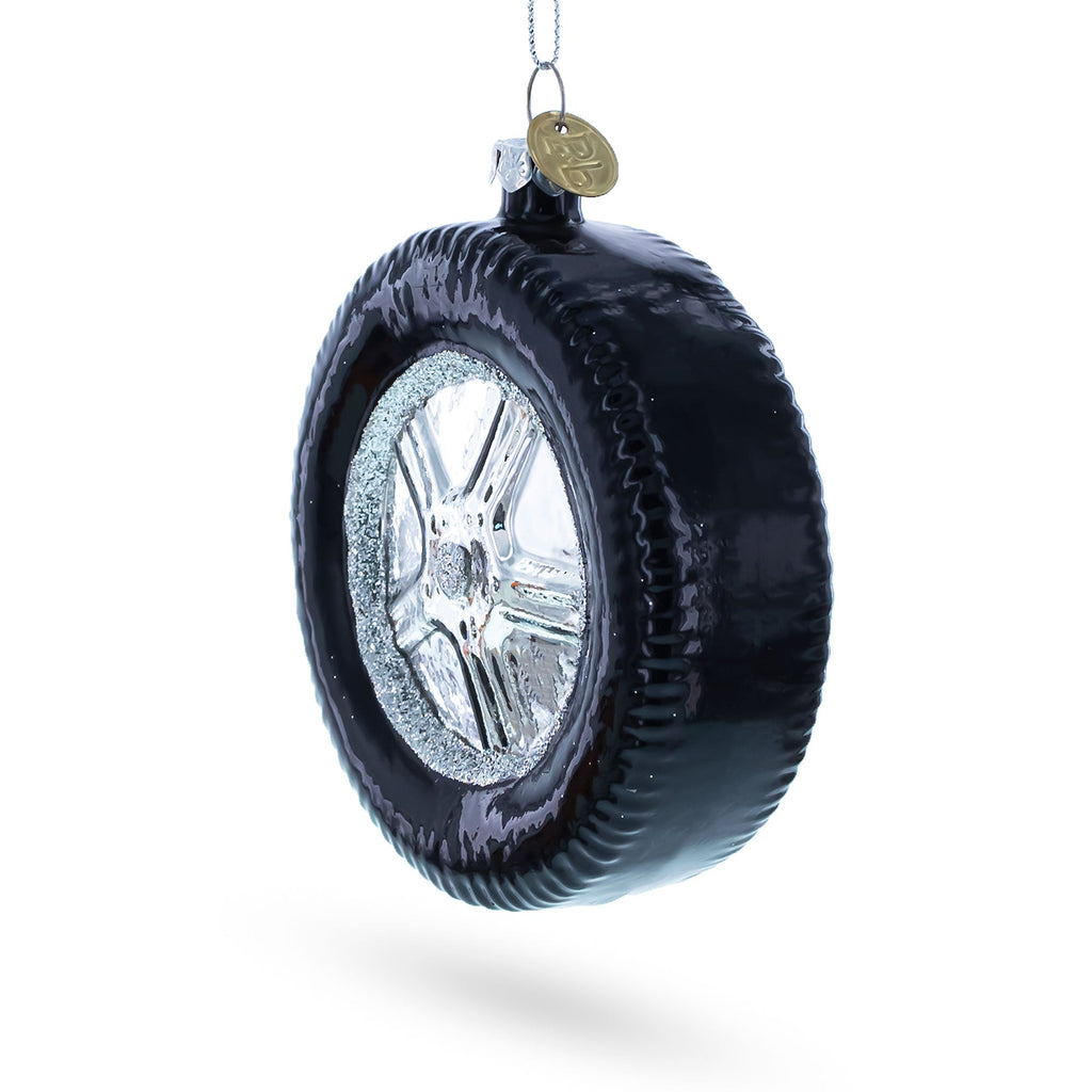 Sleek Black Car Wheel Glass Christmas Ornament