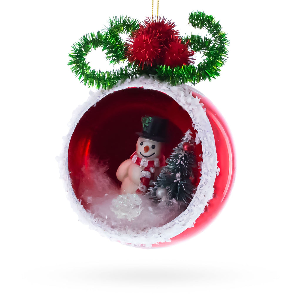 Festive Snowman and Christmas Tree Glass Ornament