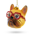 Hipster Bulldog in Red Glasses Glass Christmas Ornament
