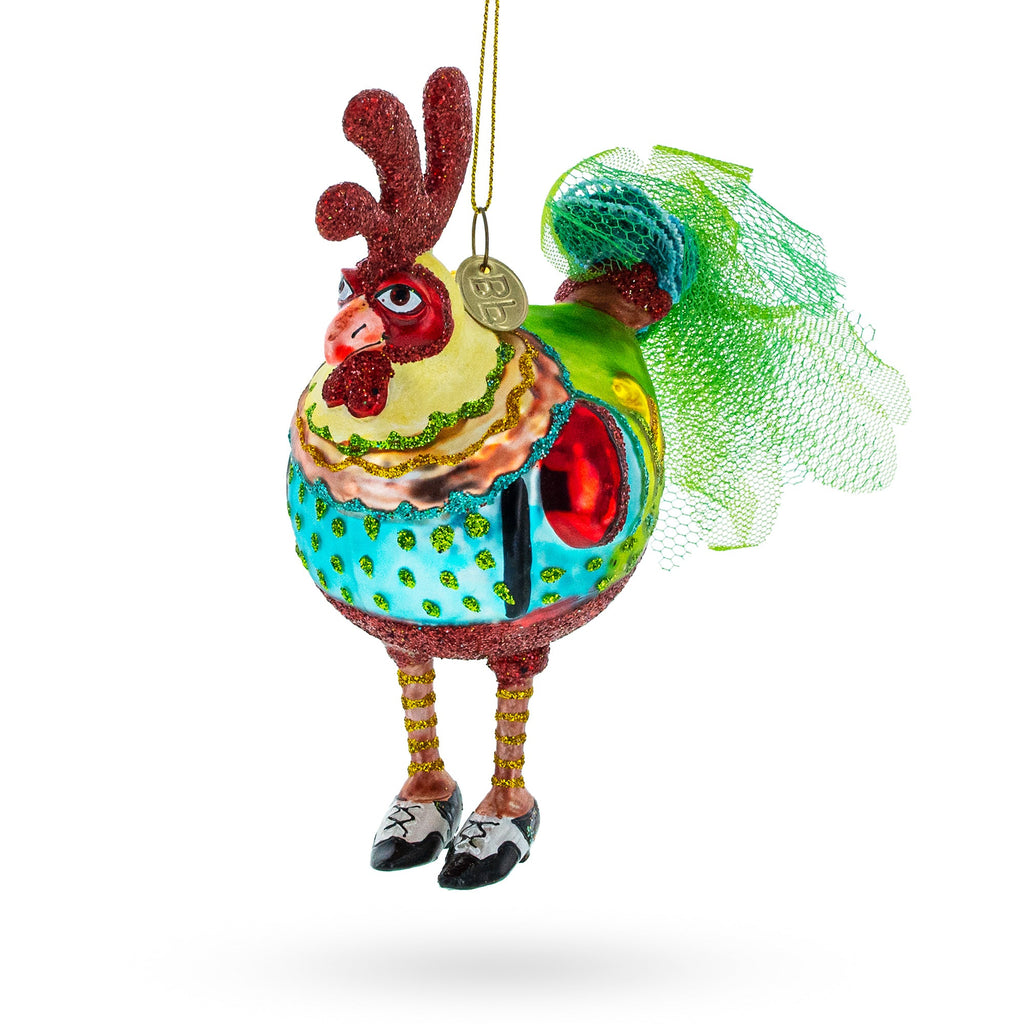 Rooster wearing Shoes Glass Christmas Ornament