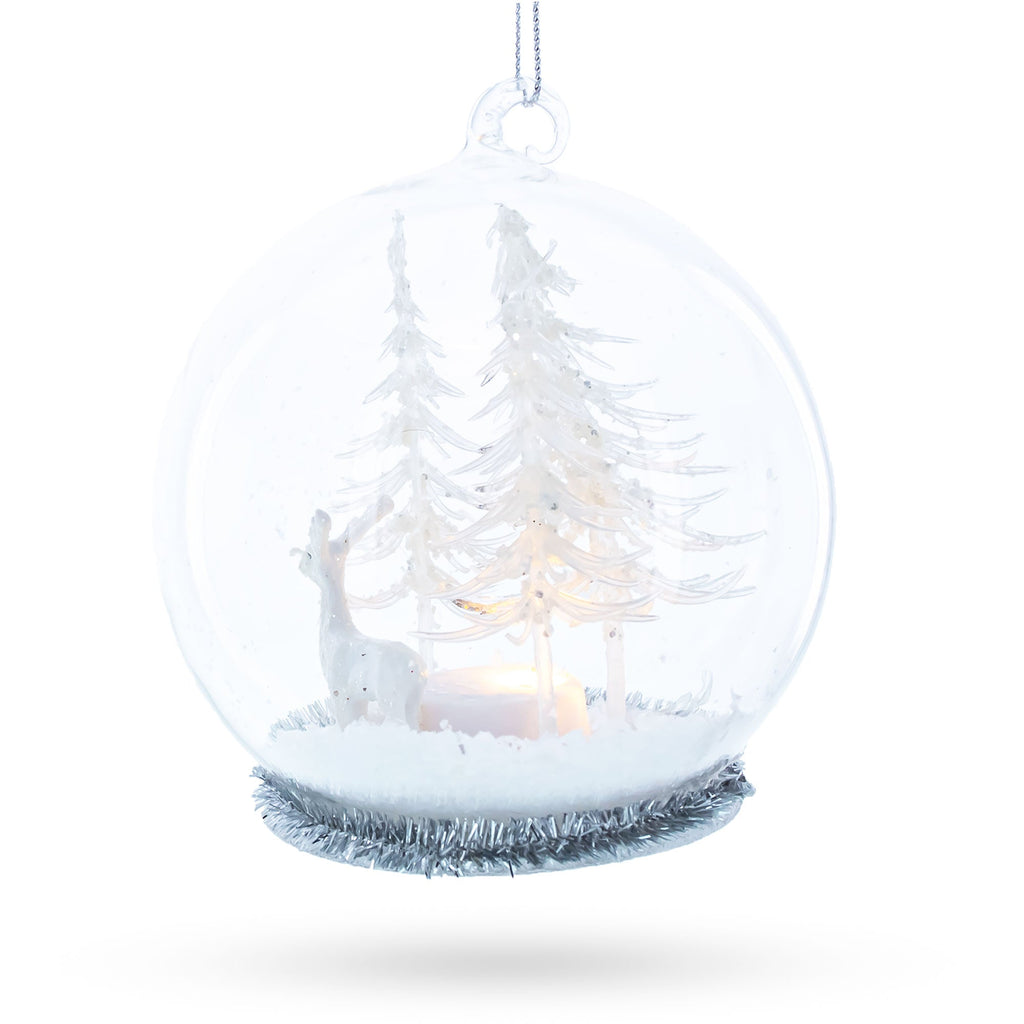 Winter Forest Snow Globe with White Deer Glass Christmas Ornament