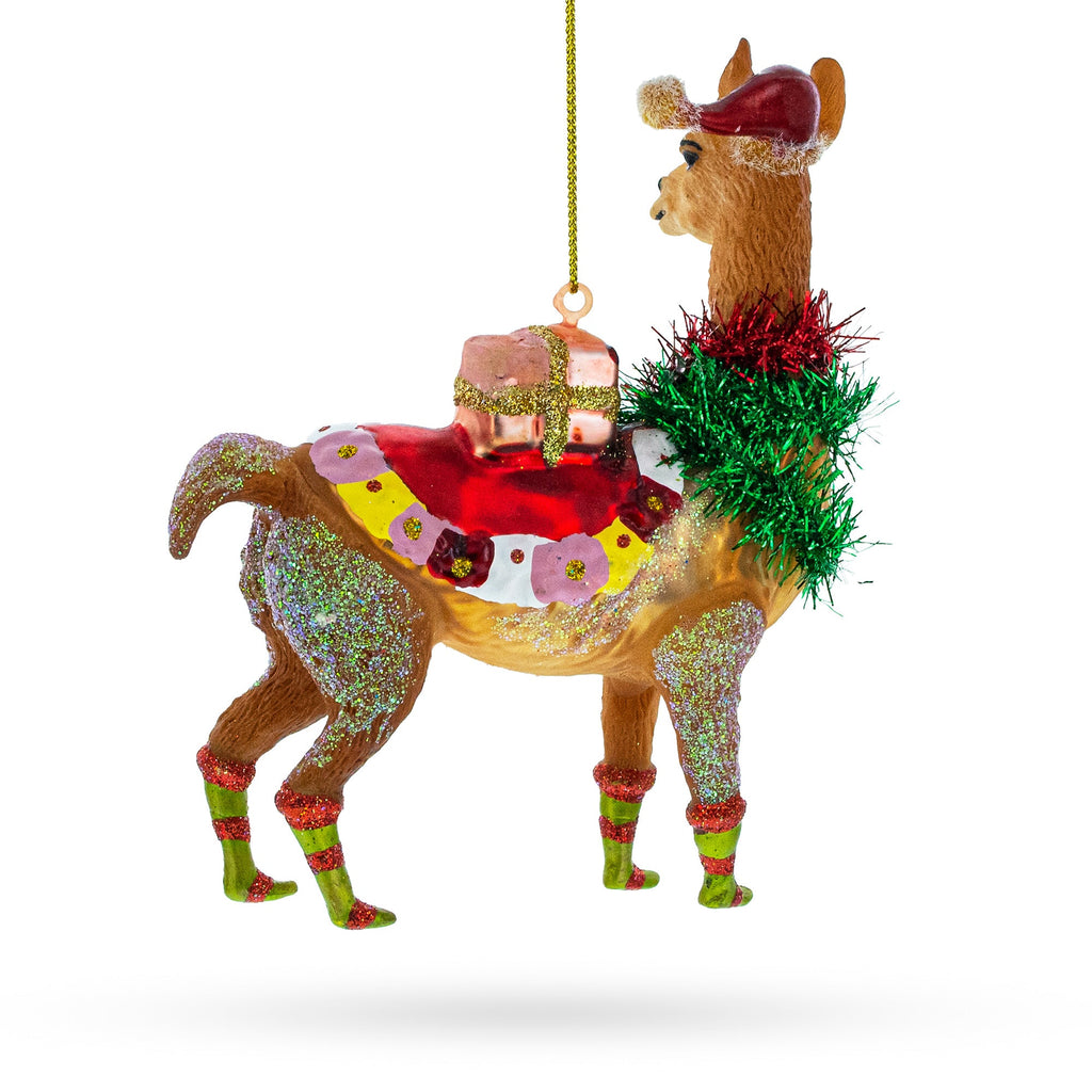 Lama with Gifts Glass Christmas Ornament