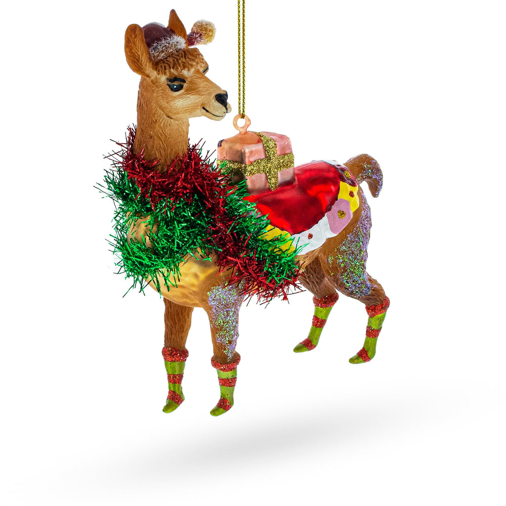 Lama with Gifts Glass Christmas Ornament