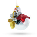 Jazzy Snowman Playing Saxophone Glass Christmas Ornament