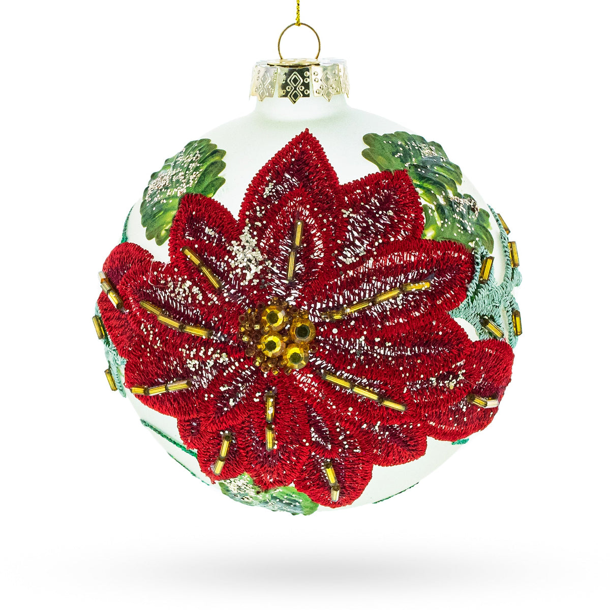 Beaded Red Flower Adorning Glass Ball Christmas Ornament