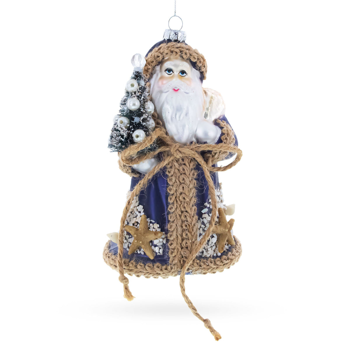 Rustic Coastal Santa with Burlap Accents & Starfish Christmas Ornament