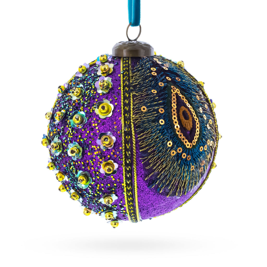 Beaded Purple Peacock Feather Glass Ball Christmas Ornament