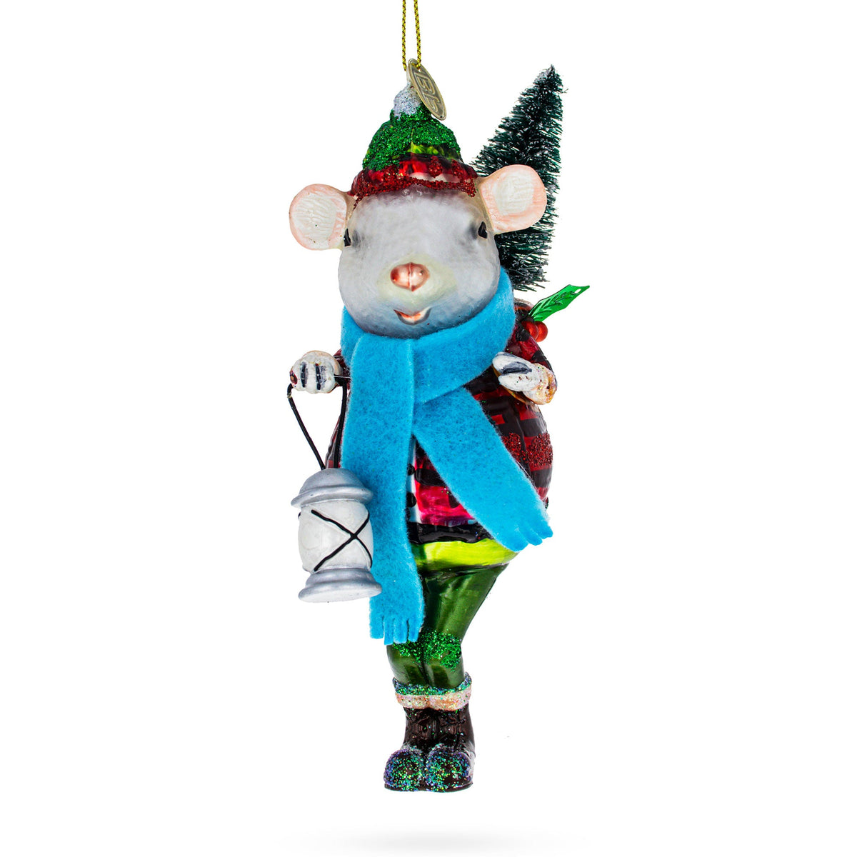 Mouse Carrying Lantern Glass Christmas Ornament