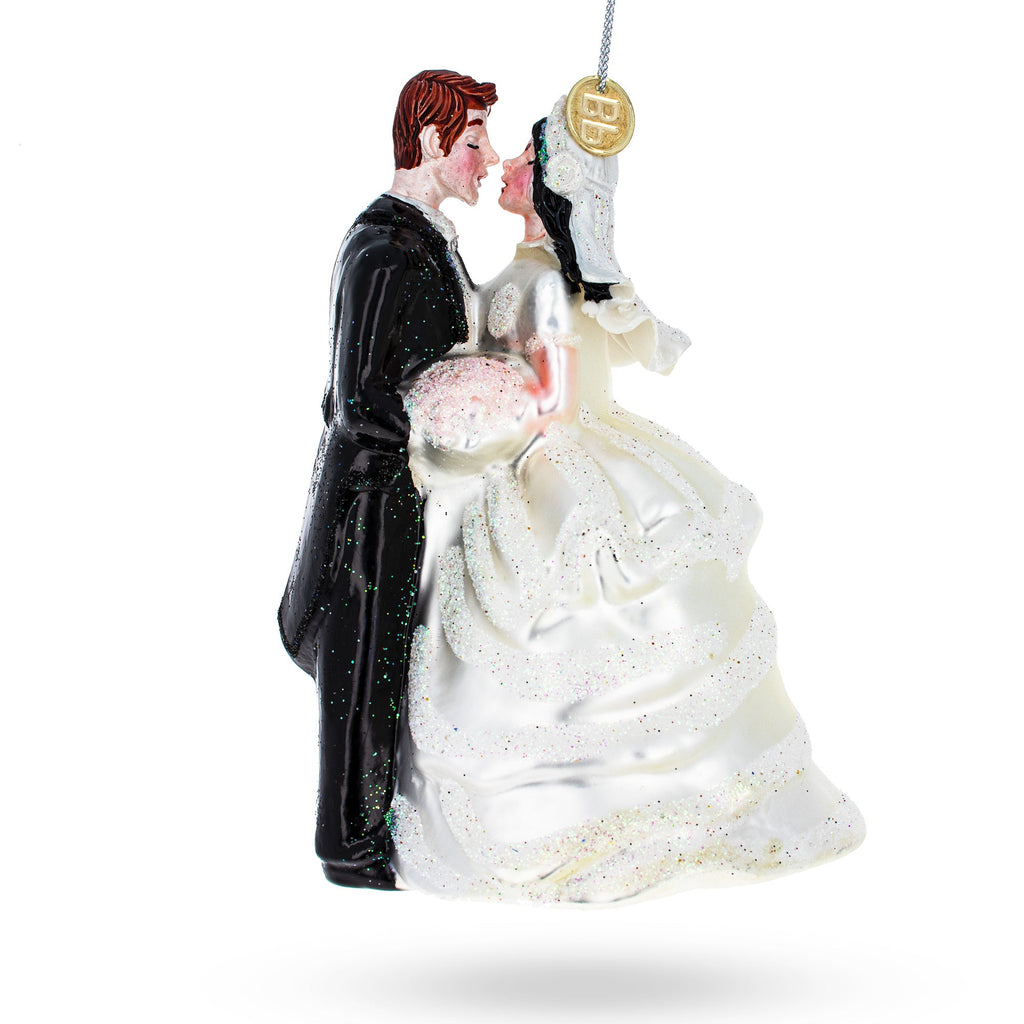 Bride and Groom Wedding Kiss Glass Christmas Ornament
