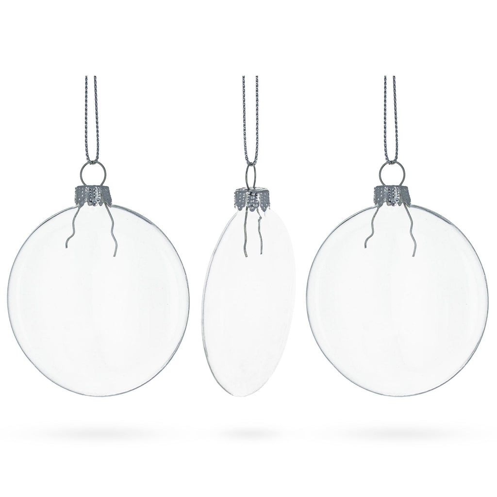 Set of 3 Flat Disc Clear Glass Christmas Ornaments 3.7 Inches
