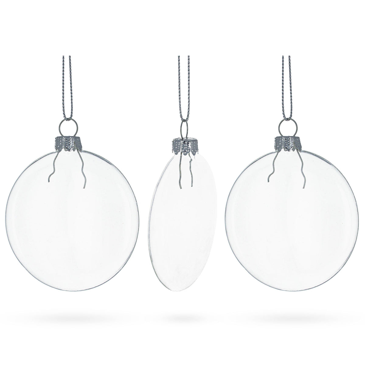 Set of 3 Flat Disc Clear Glass Christmas Ornaments 3.7 Inches