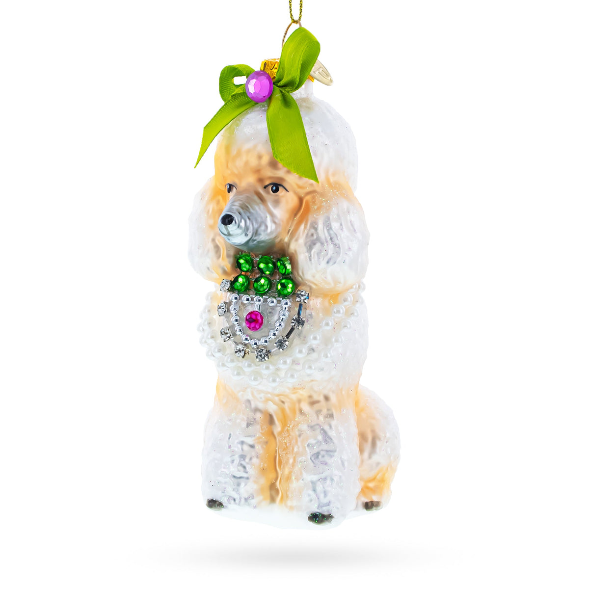 Poodle with Green Bow Glass Christmas Ornament