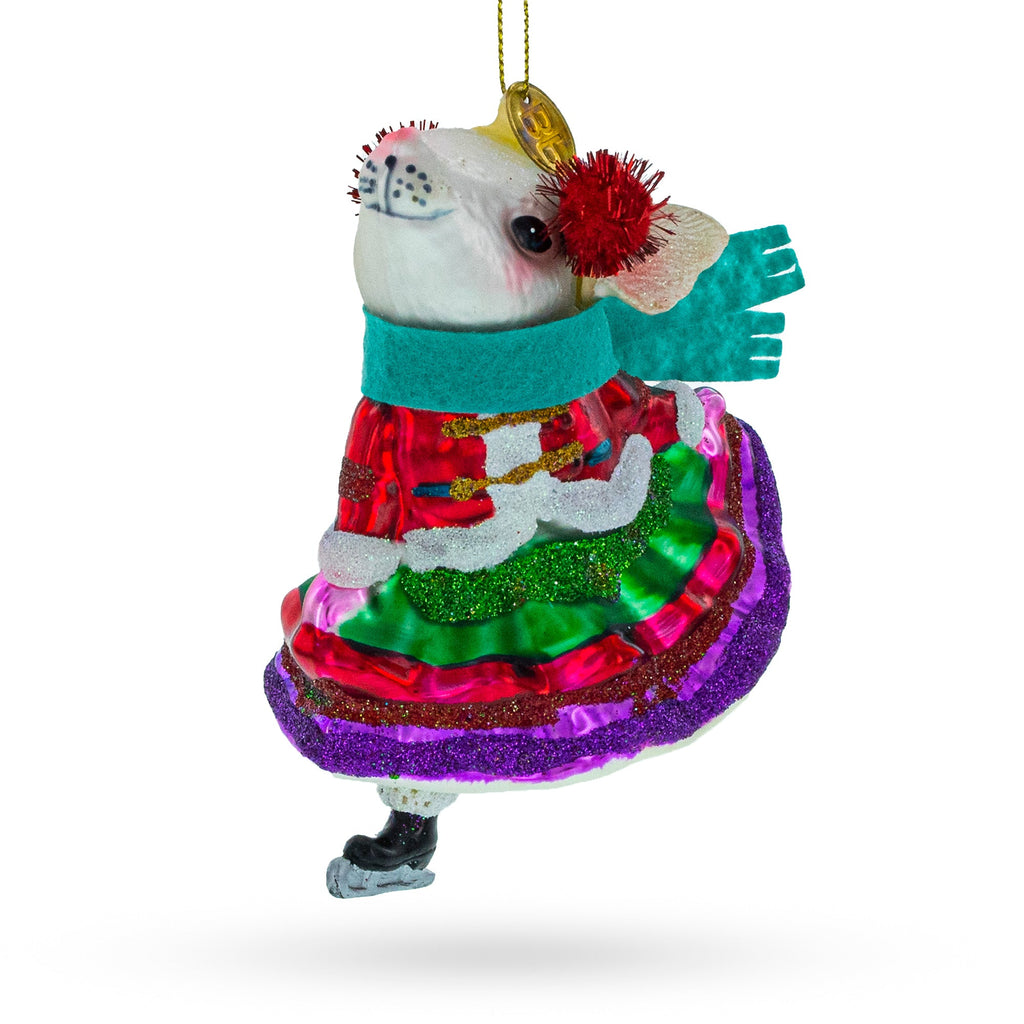Mouse on Ice Skates Glass Christmas Ornament