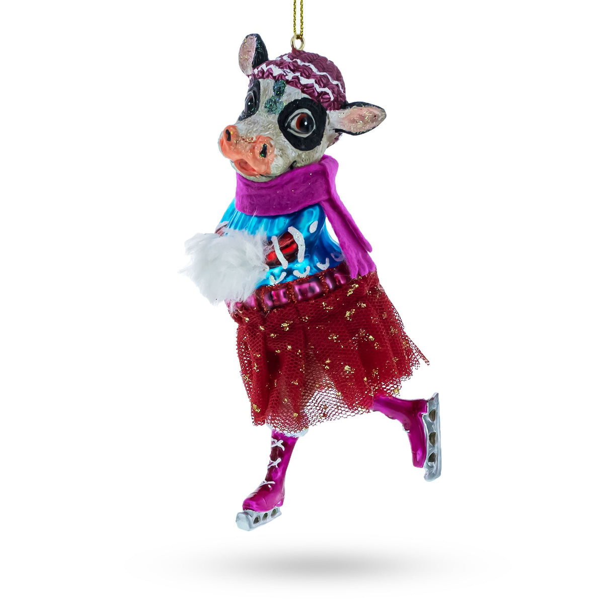 Cow Ice Skating in Winter Wonderland Glass Christmas Ornament