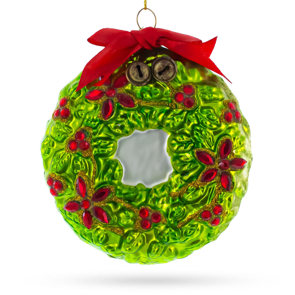 Holiday Wreath with Red Bow and Bells Glass Christmas Ornament