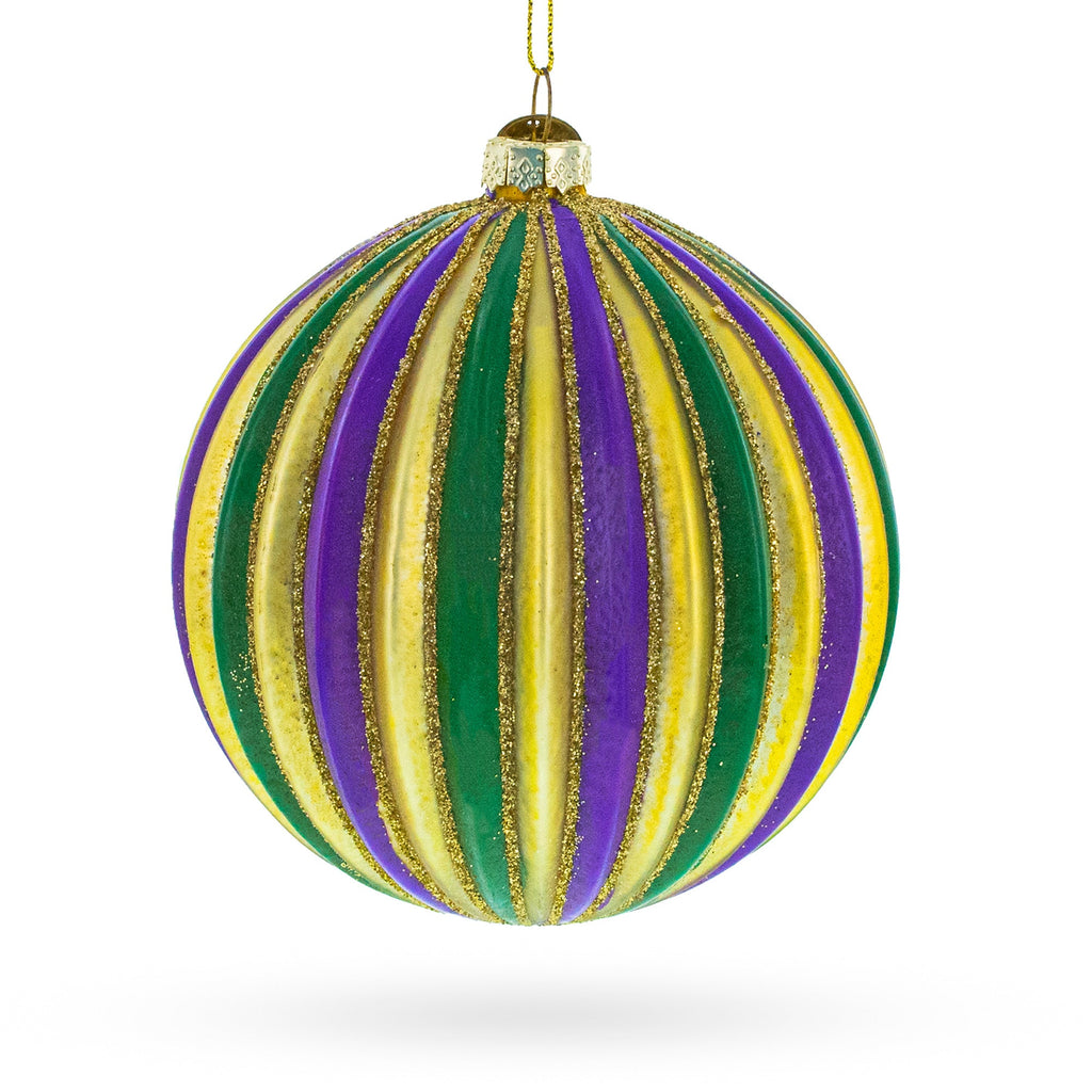 Set of 3 Mardi Gras Ribbed Glass Christmas Ornaments
