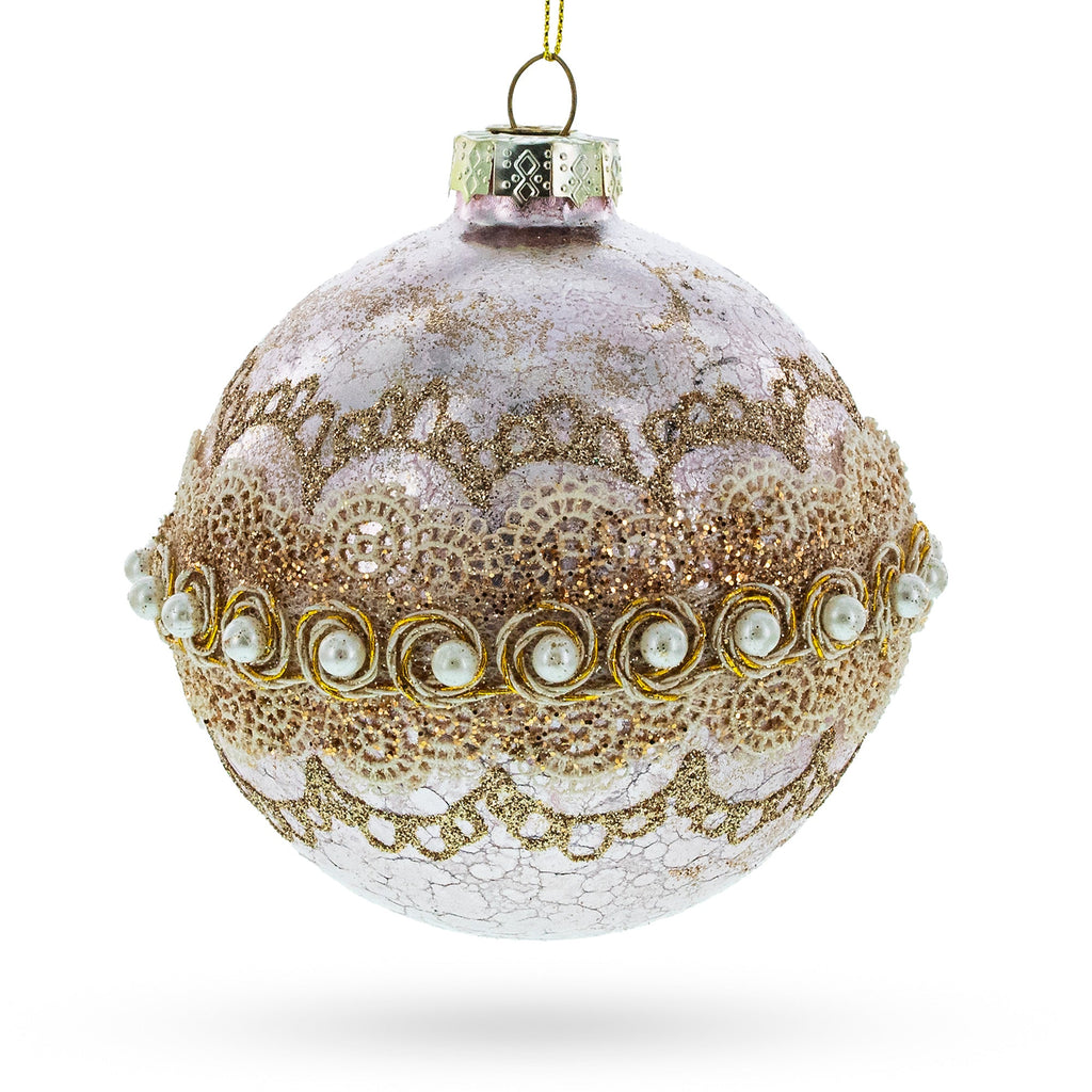 Lace-Adorned Pink Glass Egg Christmas Ornament