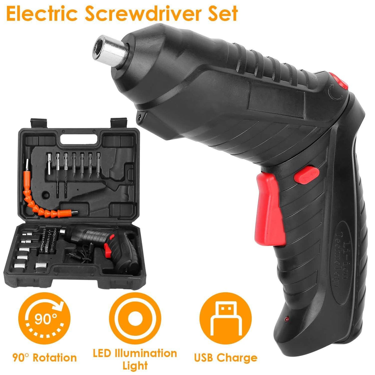 Cordless Electric Screwdriver Set with LED Work Light USB Rechargeable