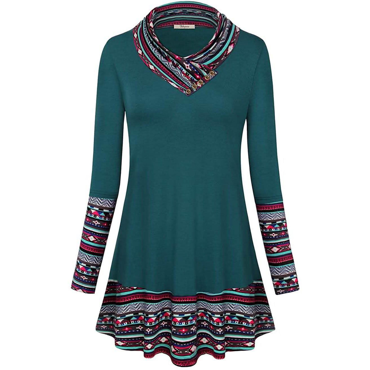 Cowl Neck Long Sleeve Patchwork Top