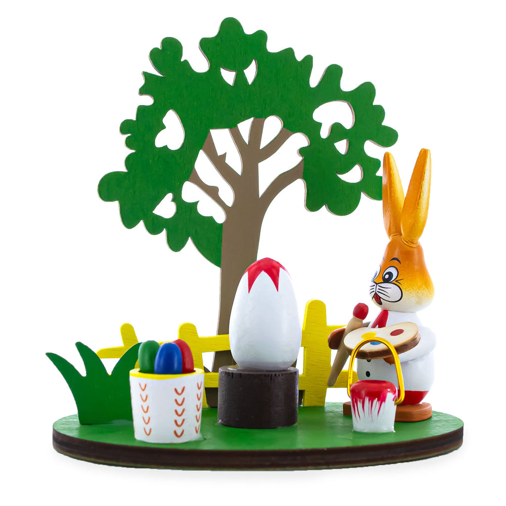 Wooden Bunny Figurine Decorating Easter Eggs Tabletop Scene 4.2 Inches Tall