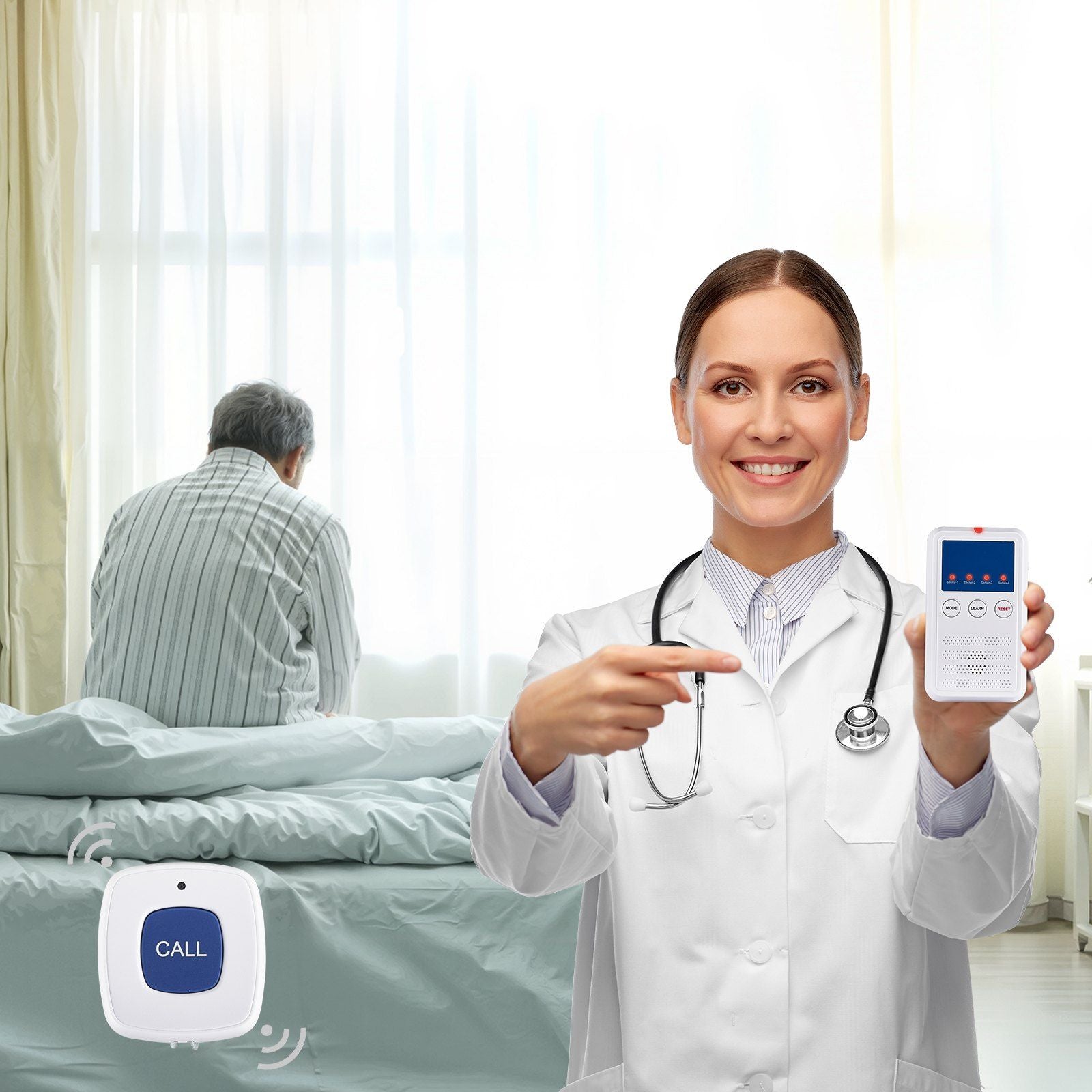 Early Alert Bed Alarm System Wireless Bed Sensor Pad with Call Button & Pager