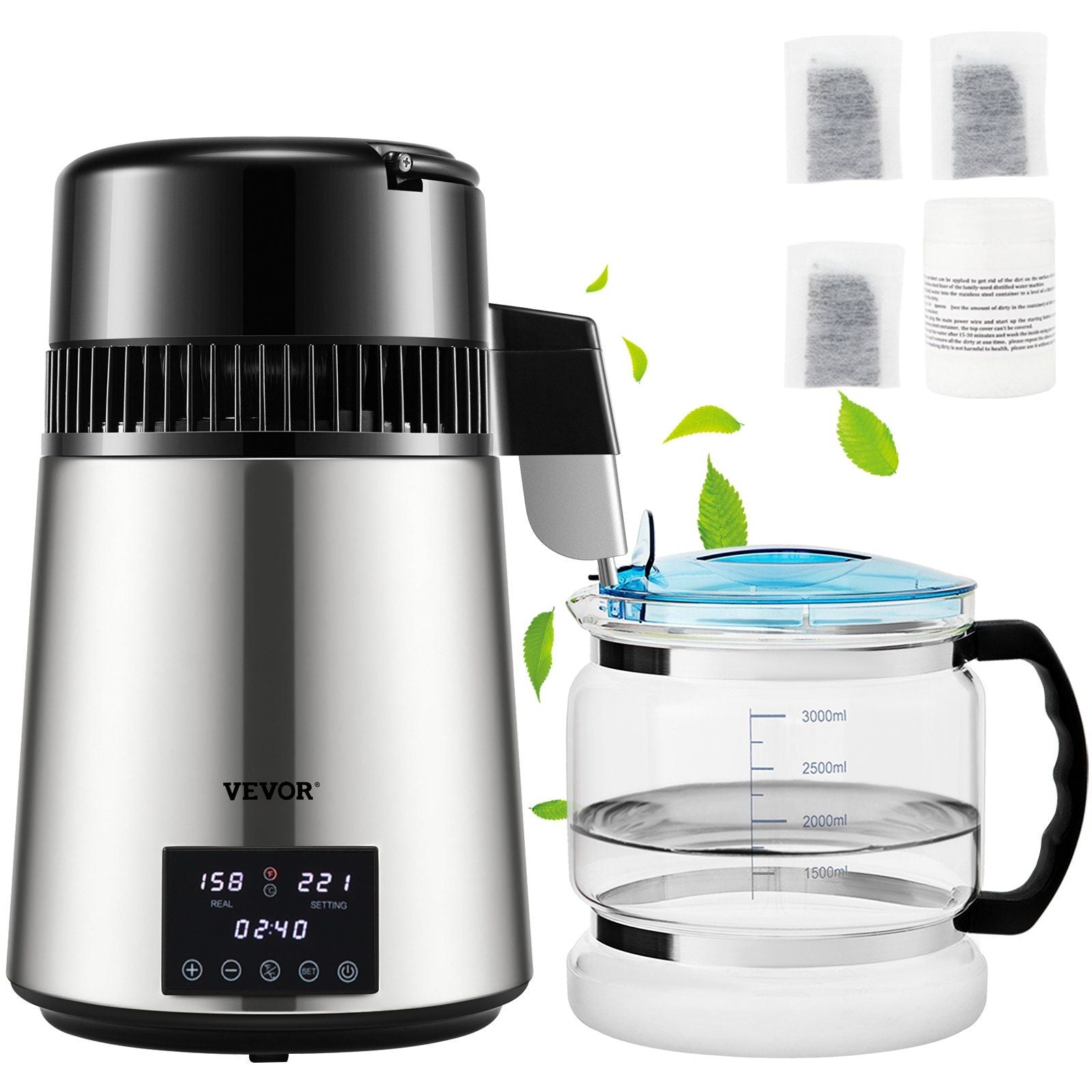 4L Water Distiller 1.5L/H Distilled Water Maker Timing Dual-Temp Silver