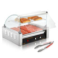 Hot Dog Roller, 11 Rollers 30 Hot Dogs Capacity, 1650W Stainless Sausage Grill Cooker Machine with Dual Temp Control Glass Hood Acrylic Cover Bun Warmer Shelf Removable Drip Tray, ETL Certified