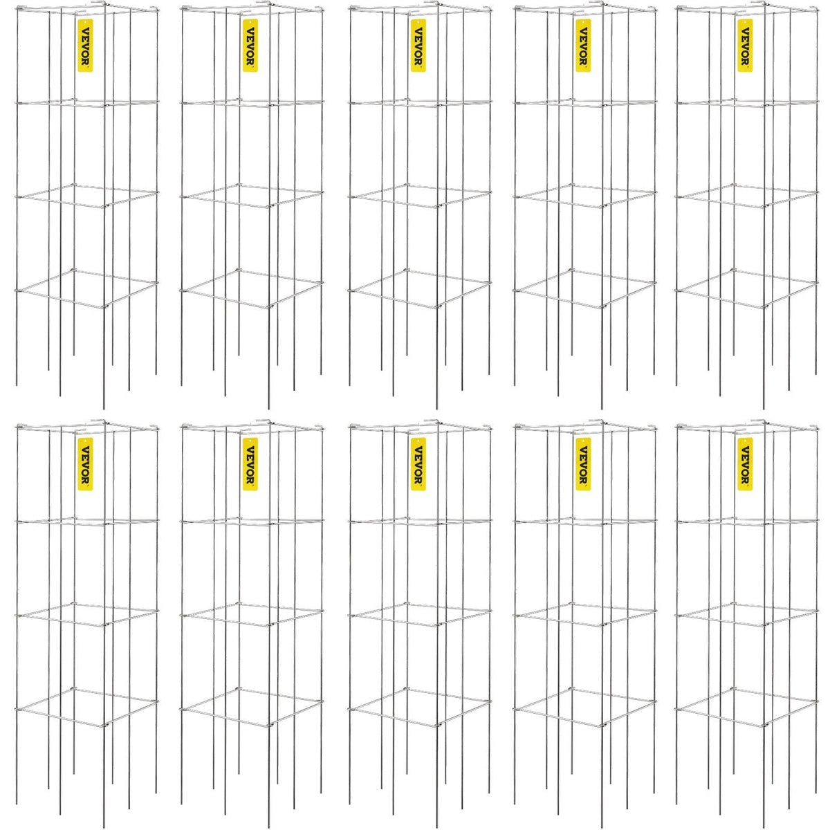 Tomato Cages, 11.8" x 11.8" x 46.1", 10 Packs Square Plant Support Cages, Silver PVC-Coated Steel Tomato Towers for Climbing Vegetables, Plants, Flowers, Fruits