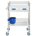 Lab Serving Cart, 2 Layers Stainless Steel Utility Rolling Cart, Medical Cart with Two Drawers, Dental Utility Cart with Lockable Wheels and A Bucket, for Laboratory, Hospital, Dental Use