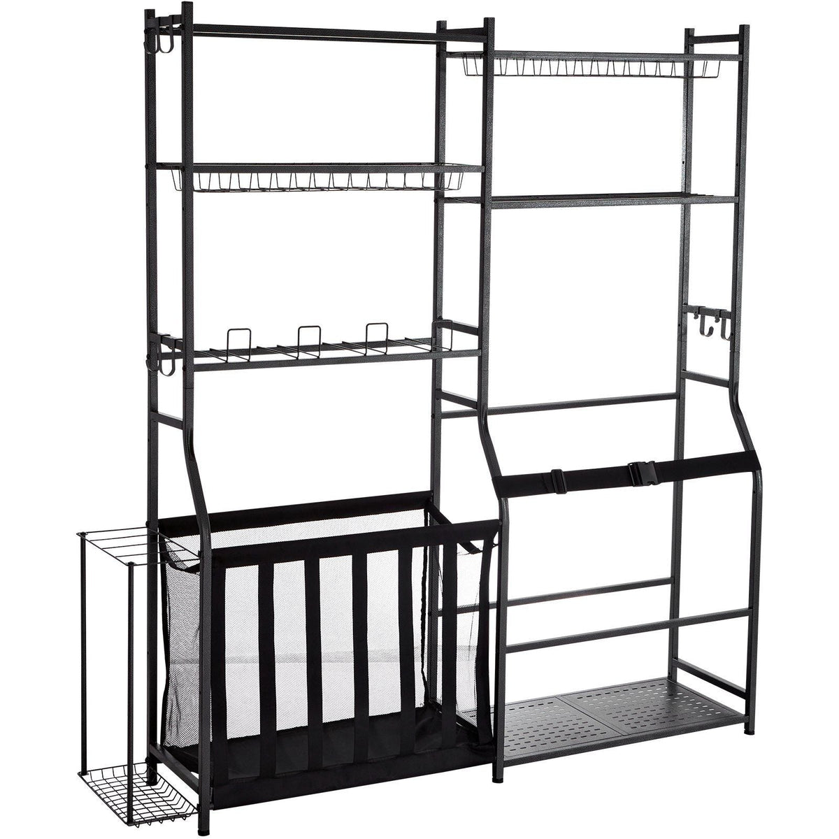 Golf Storage Garage Organizer, 2 Golf Bag Storage Stand Holder and Other Sports Equipment Storage Rack, Outdoor Steel Ball Cart, Sports Gear and Toys Storage Shelves with Baskets & Hooks, Black