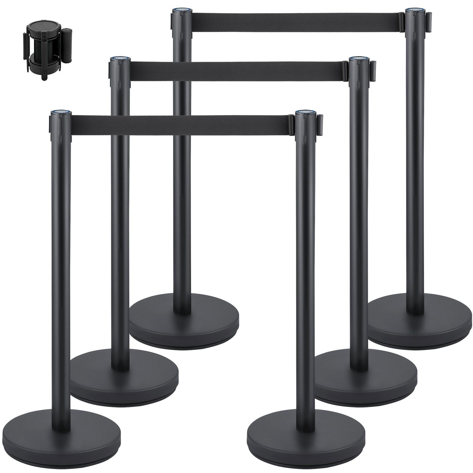 Crowd Control Stanchion, Set of 6 Pieces Stanchion Set, Stanchion Set with 6.6 ft/2 m Black Retractable Belt, Black Crowd Control Barrier w/Concrete and Metal Base - Easy Connect Assembly