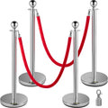 4PCS Stainless Steel Stanchion Posts Queue, Red Velvet Ropes Silver, 38In Rope Barriers Queue Line Crowd Control Barriers for Party Supplies