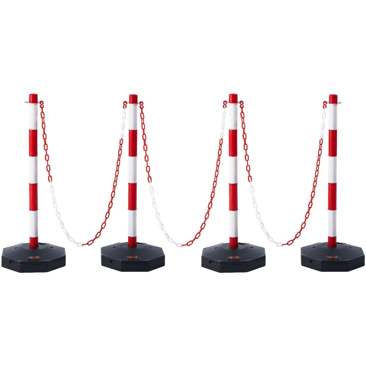 Adjustable Traffic Delineator Post Cones, 4 Pack, Traffic Safety Delineator Barrier with Fillable Base 8FT Chain, for Traffic Control Warning Parking Lot Construction Caution Roads, Red & White