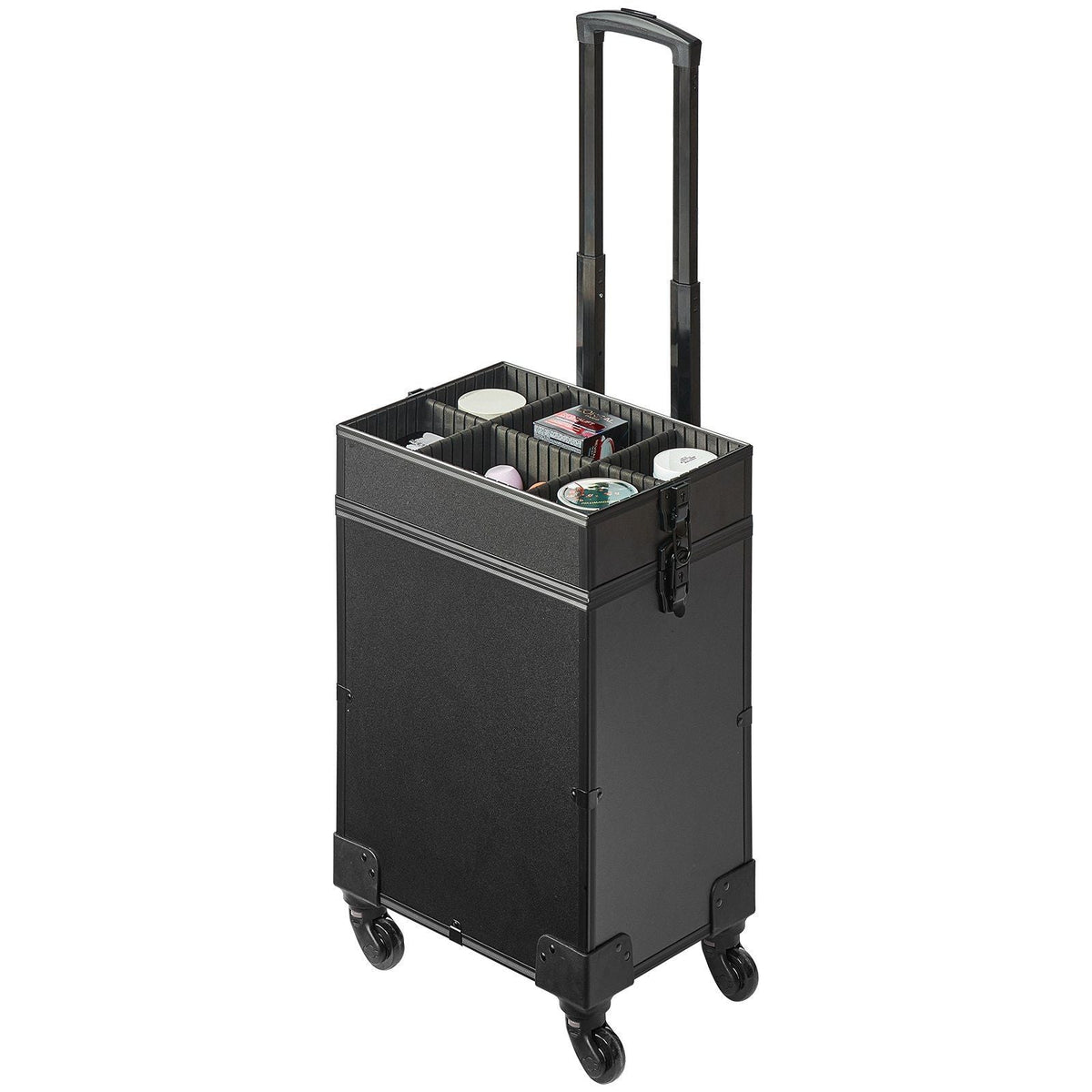 5 in 1 Professional Makeup Train Case Aluminum Cosmetic Case, Rolling Makeup Case Extra Large Trolley Makeup Travel Organizer, with 360° Swivel Wheels & Adjustable Pull Rod, Black
