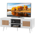 Rattan TV Stand, Boho TV Cabinet for 55 inch TV, Mid Century Modern TV Stand, Rattan TV Console with Adjustable Shelfs for Living Room, Media Room, White