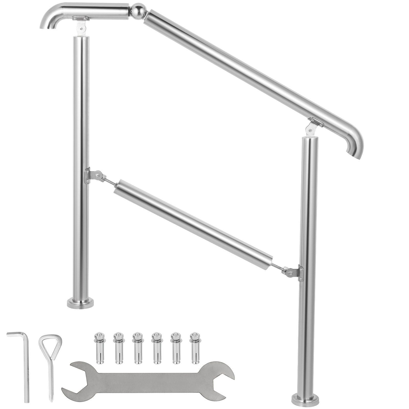 Stainless Steel Transitional Handrail fit for Level Surface and 2 to 3 Adjustable Stair Indoor Outdoor Step Railings 441lb Capacity W/Installation Kit Porch DIY, Silver