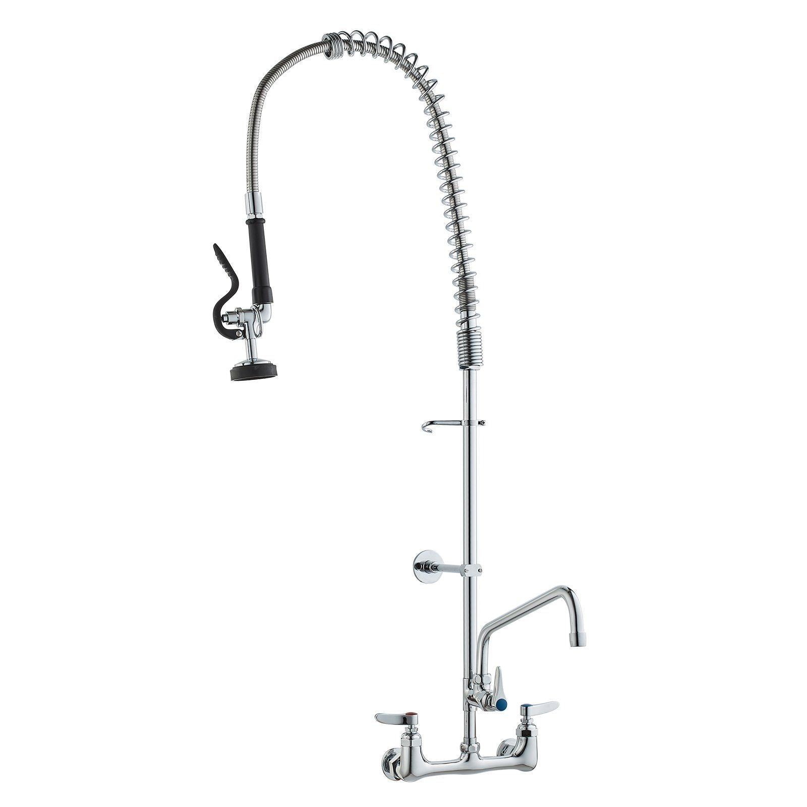 Commercial Faucet with Pre-Rinse Sprayer, 44" Height, 8" Center, 12" Swing Spout, Wall Mount Kitchen Sink Faucet, Brass Constructed Device with Pull Down Spray, for 1/2/3 Compartment Sink