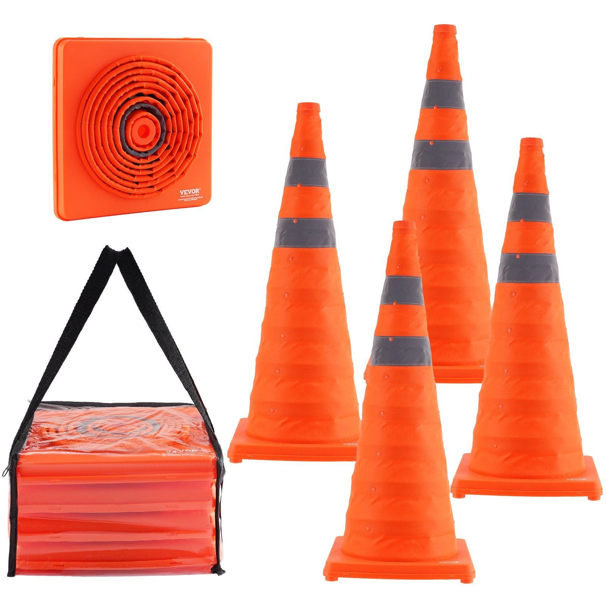 Safety Cones, 4 Pack 28 inch Collapsible Traffic Cones, Construction Cones with Reflective Collars, Wide Base and A Storage Bag, for Traffic Control, Driving Training, Parking Lots