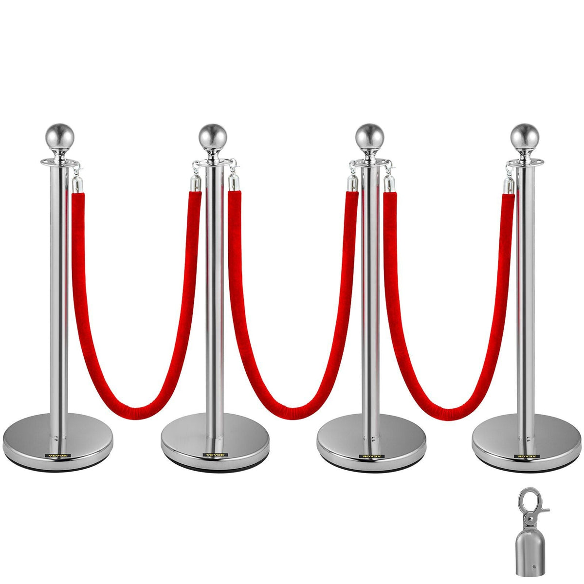 38 Inch Stanchion Posts Queue, Red Velvet Rope (3, Silver)