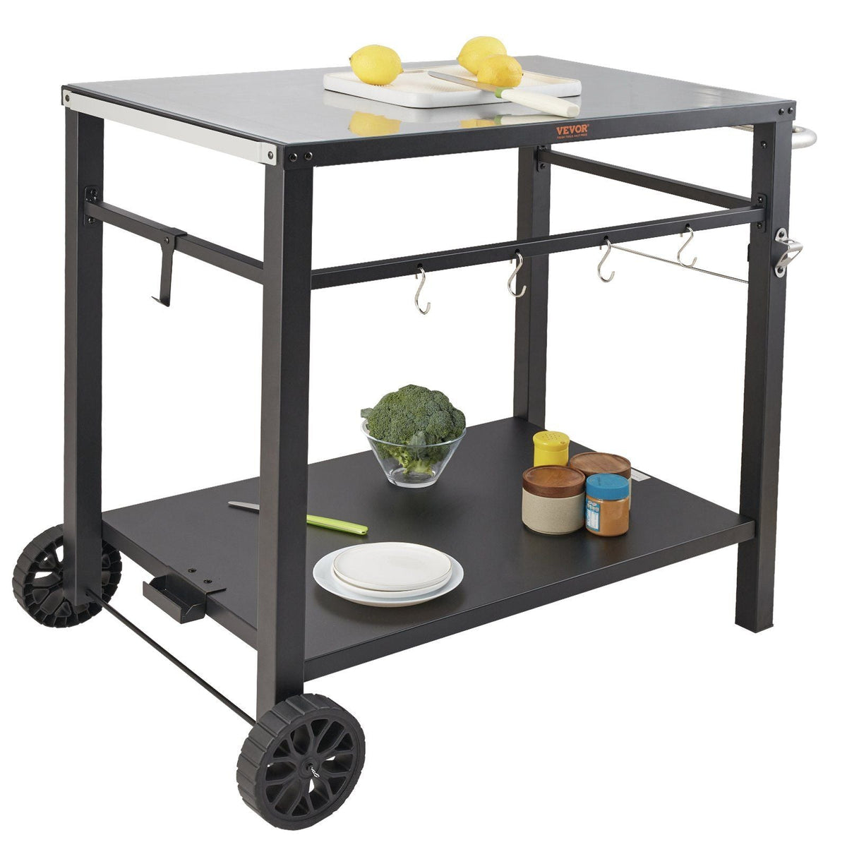 Outdoor Grill Dining Cart with Double-Shelf, BBQ Movable Food Prep Table, Multifunctional Iron Table Top, Portable Modular Carts for Pizza Oven, Worktable with 2 Wheels, Carry Handle, Black
